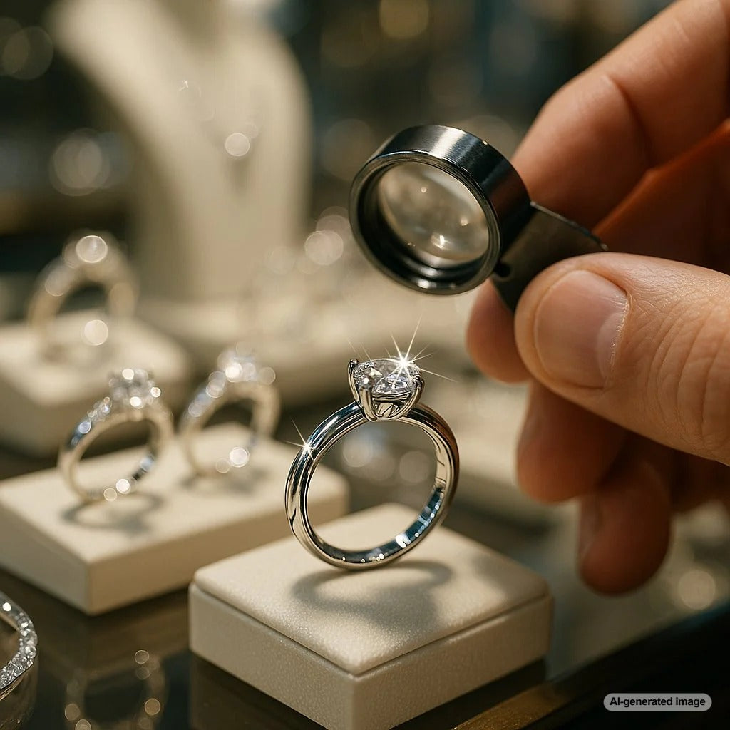 Close-up image showing the brilliant white shine of a rhodium-plated white gold ring next to a un-plated piece, highlighting the difference in color and luster.