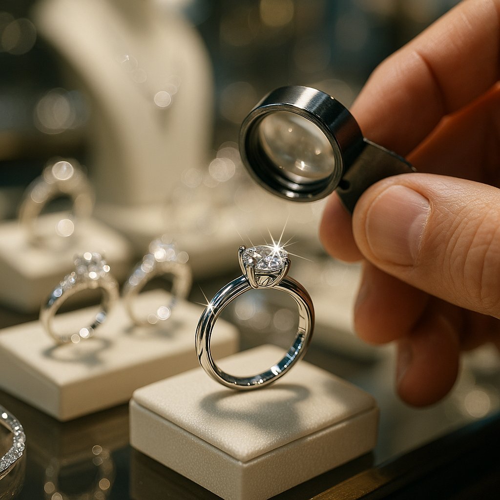 Close-up image showing the brilliant white shine of a rhodium-plated white gold ring next to a un-plated piece, highlighting the difference in color and luster.