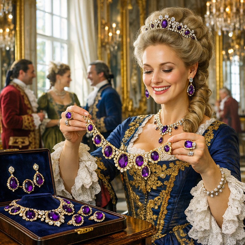 Close-up of a deep purple Siberian amethyst gemstone set in an ornate, antique-style gold necklace, showcasing the royal color prized by the Russian Imperial family.