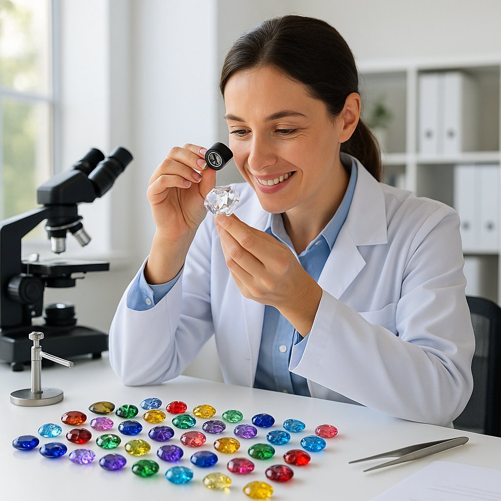 Gemologist examining precious gems under microscope at Robinson's Jewelers