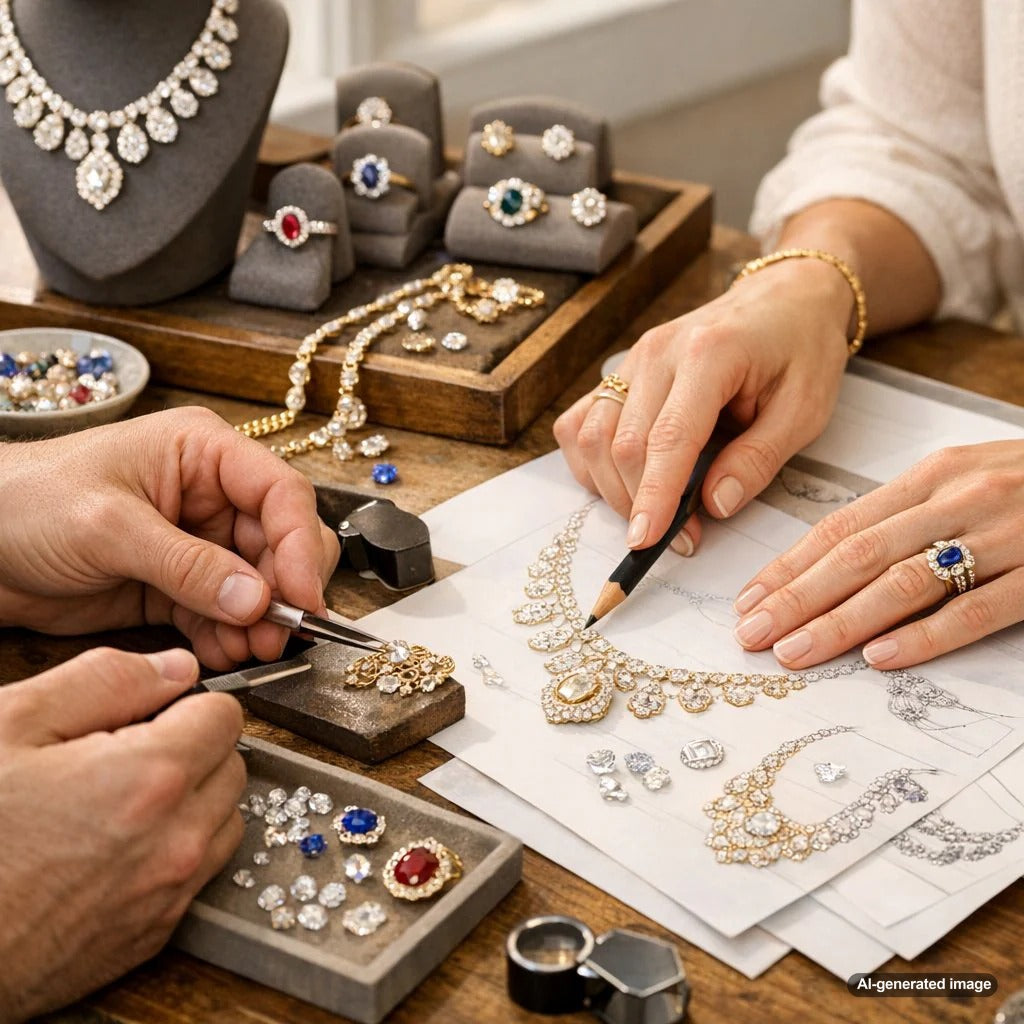 A close-up view of a goldsmith's hands meticulously working on a custom-designed diamond ring at a jeweler's bench, symbolizing the artisan craftsmanship at Robinson's Jewelers.