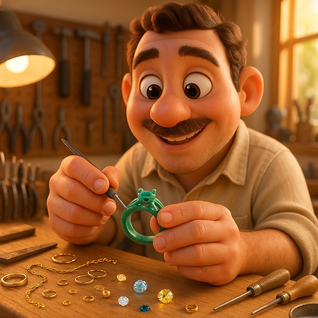 Close-up of a skilled artisan's hands carving intricate details into a jewelry wax model