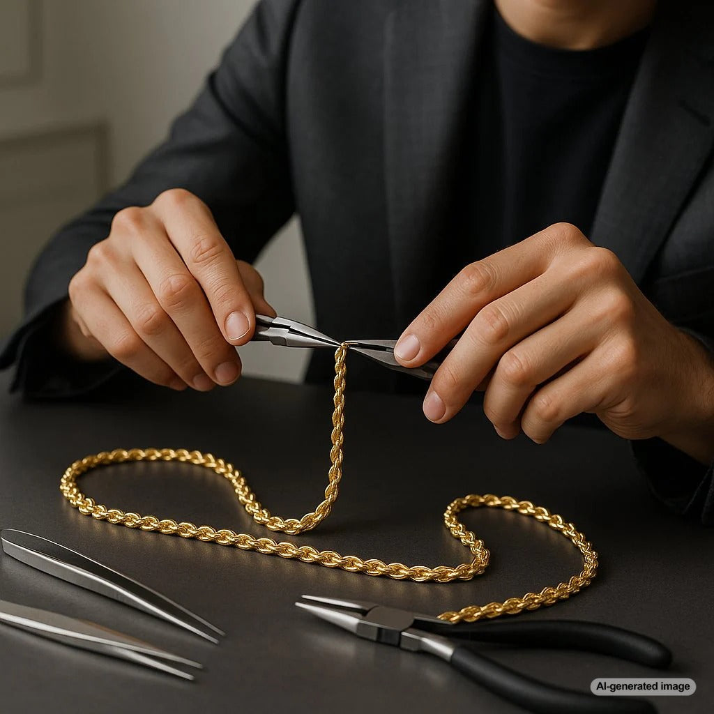 Luxury gold rope chain necklace with diamond accents shown in elegant detail