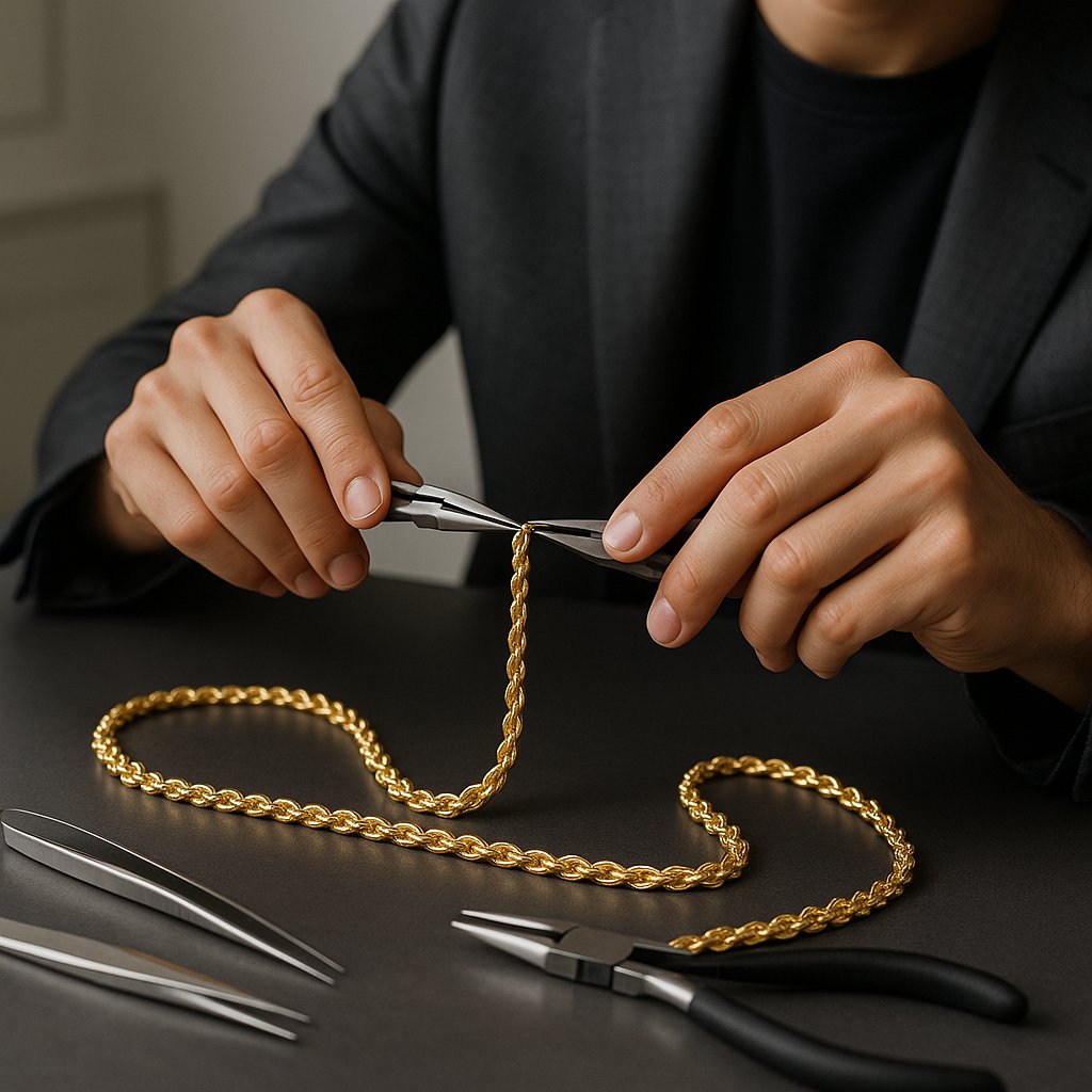 Luxury gold rope chain necklace with diamond accents shown in elegant detail