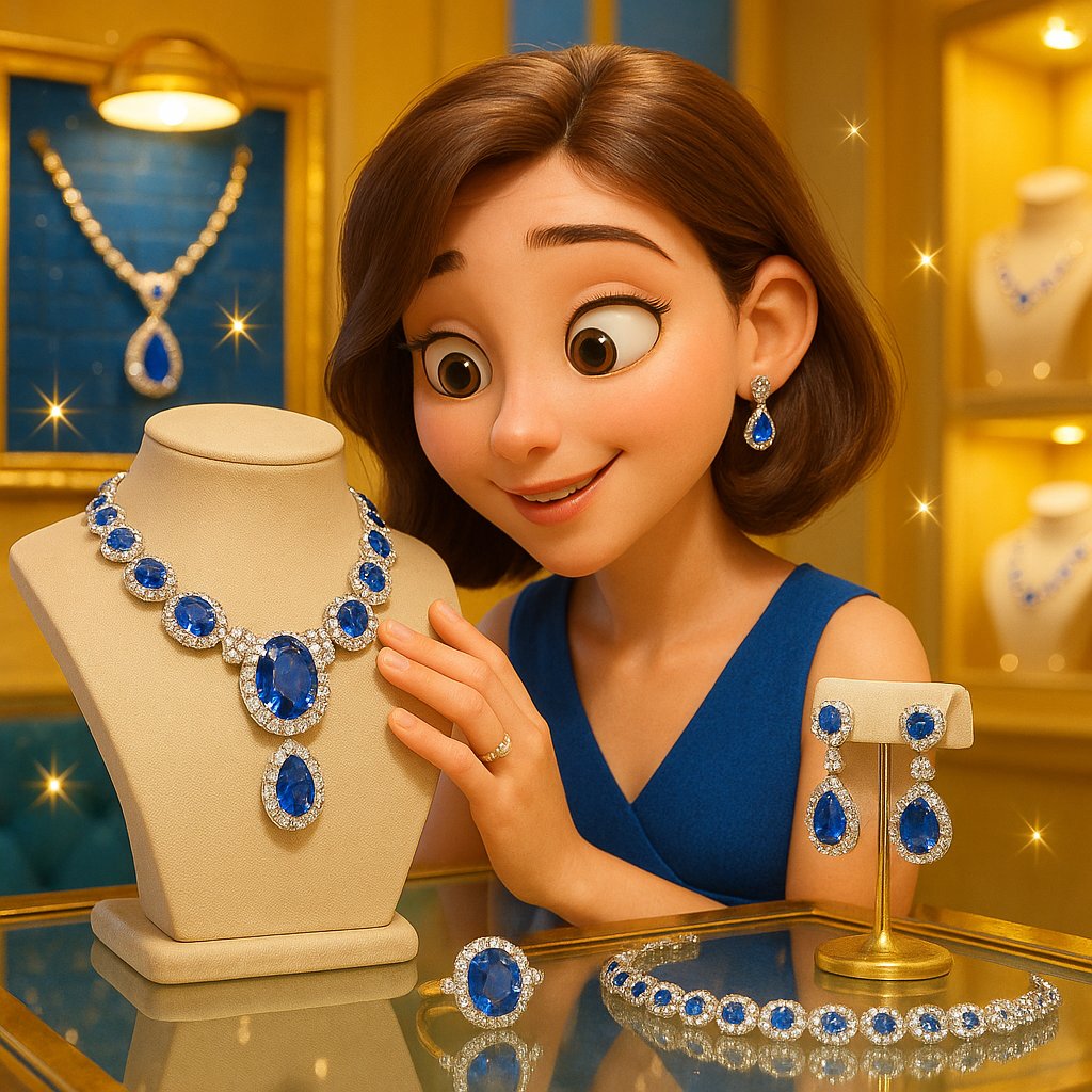 A stunning collection of royal blue sapphire jewelry including rings, necklaces, and earrings from Robinson's Jewelers.