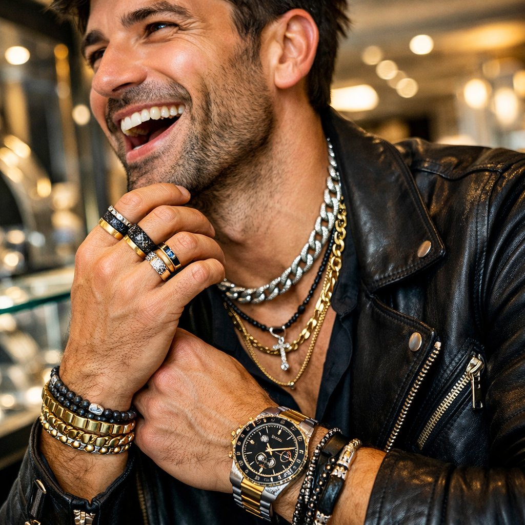 A stylish men's jewelry stack featuring a mix of metals including a gold watch, silver chain bracelet, and textured rings, showcasing how to break the rules of mixing metals in men's jewelry.