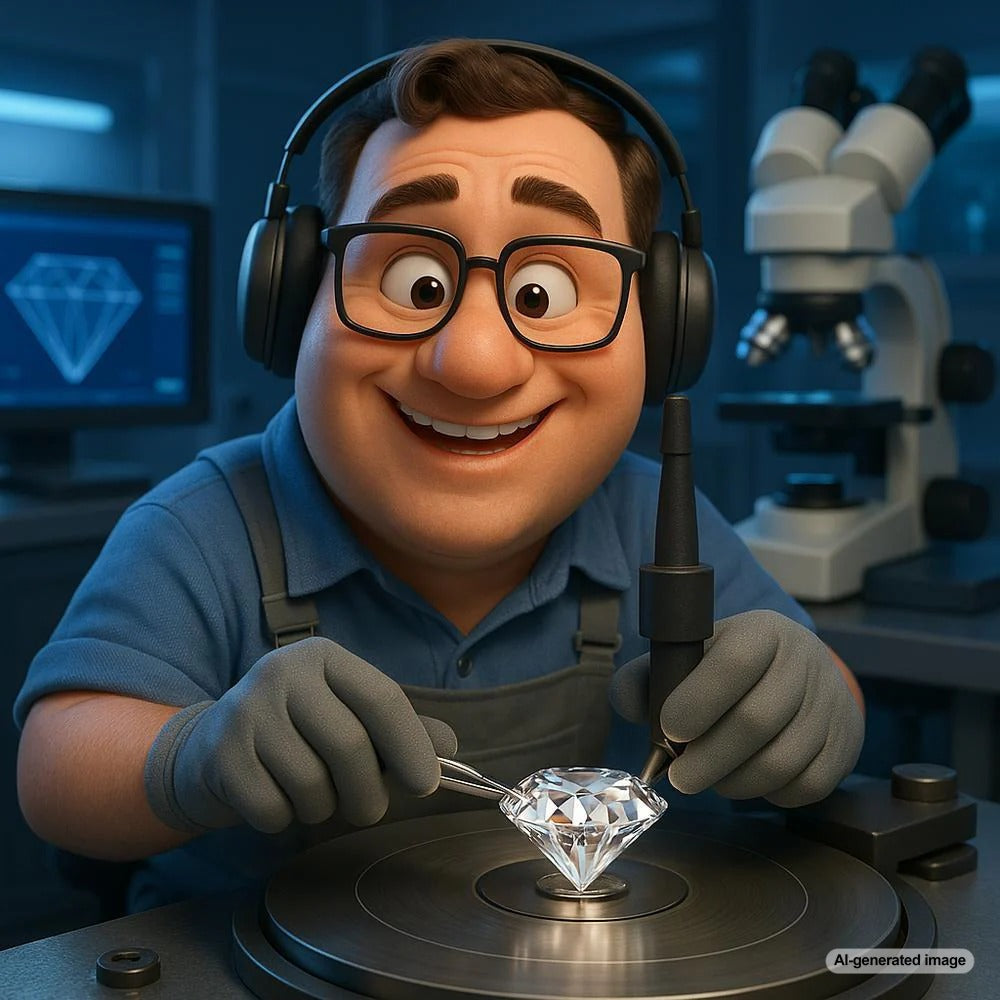 Close-up of a master diamond cutter shaping a brilliant-cut diamond