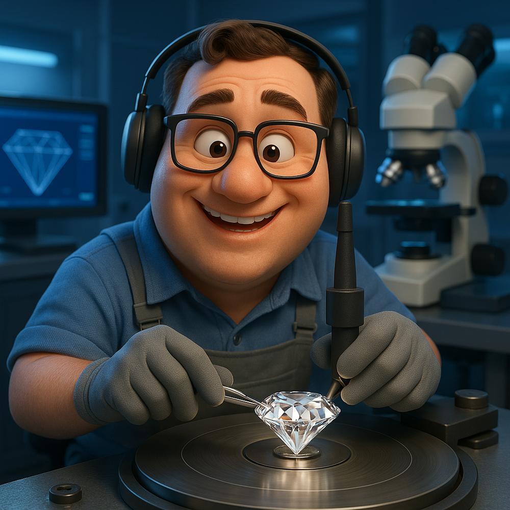 Close-up of a master diamond cutter shaping a brilliant-cut diamond