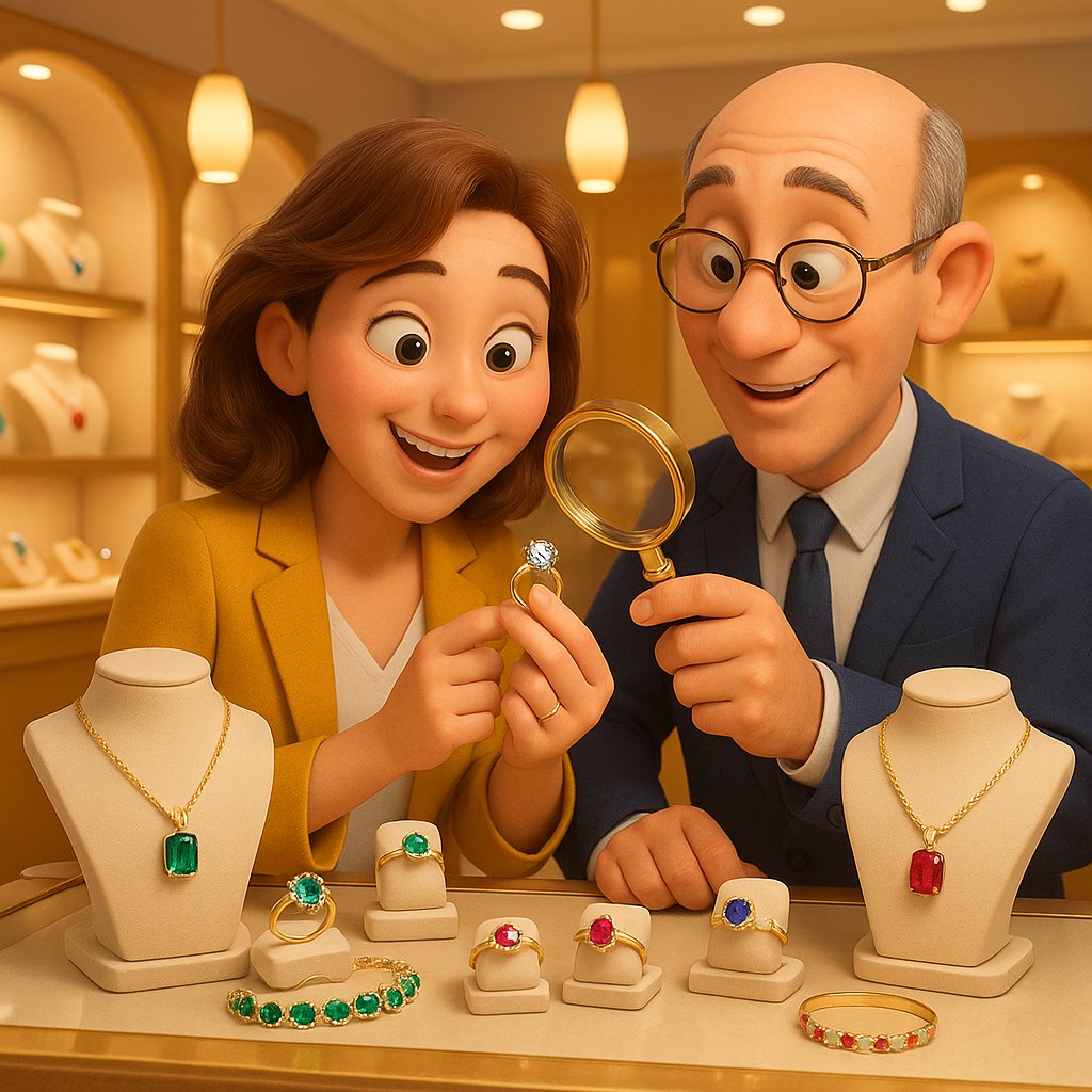 Close up of various gemstone jewelry pieces showing delicate stones that require careful handling against pressure damage