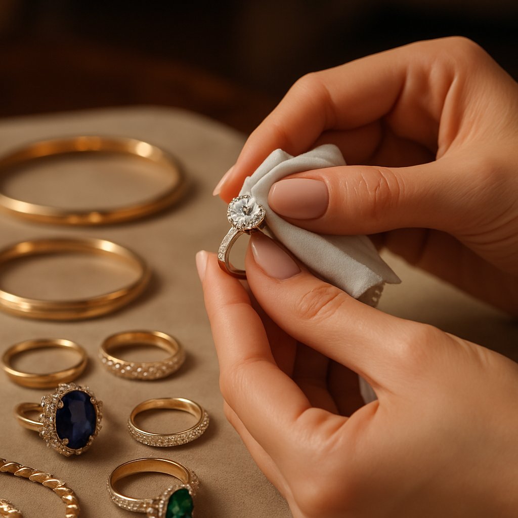 Professional jewelry polishing techniques showing before and after shine on diamond rings and necklaces