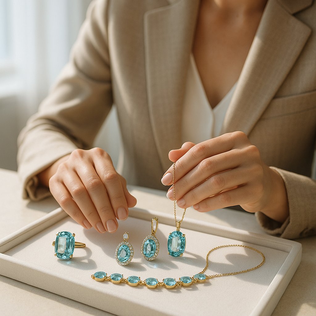 Stunning aquamarine gemstone jewelry collection featuring rings, necklaces, and earrings with soothing sea-blue hues