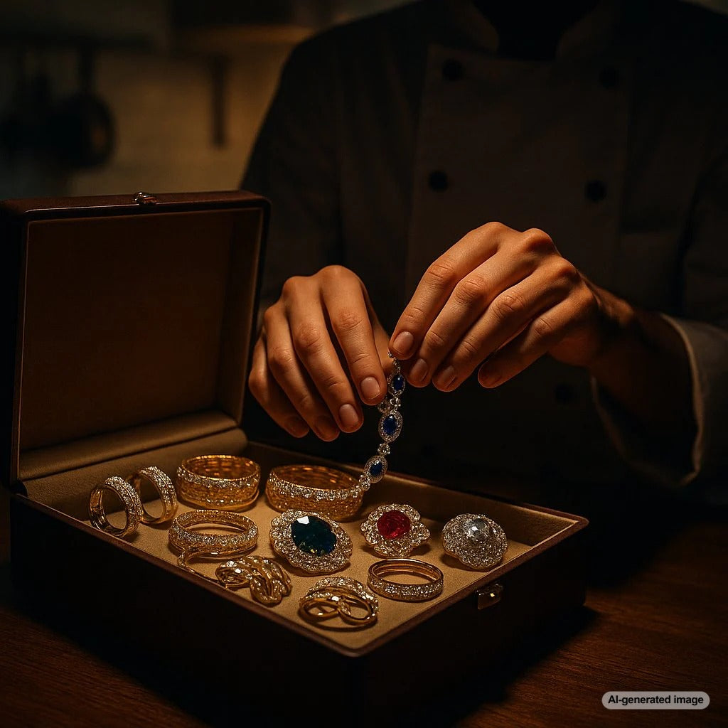 Luxury jewelry pieces inspired by famous chefs, featuring diamonds, emeralds, and unique designs
