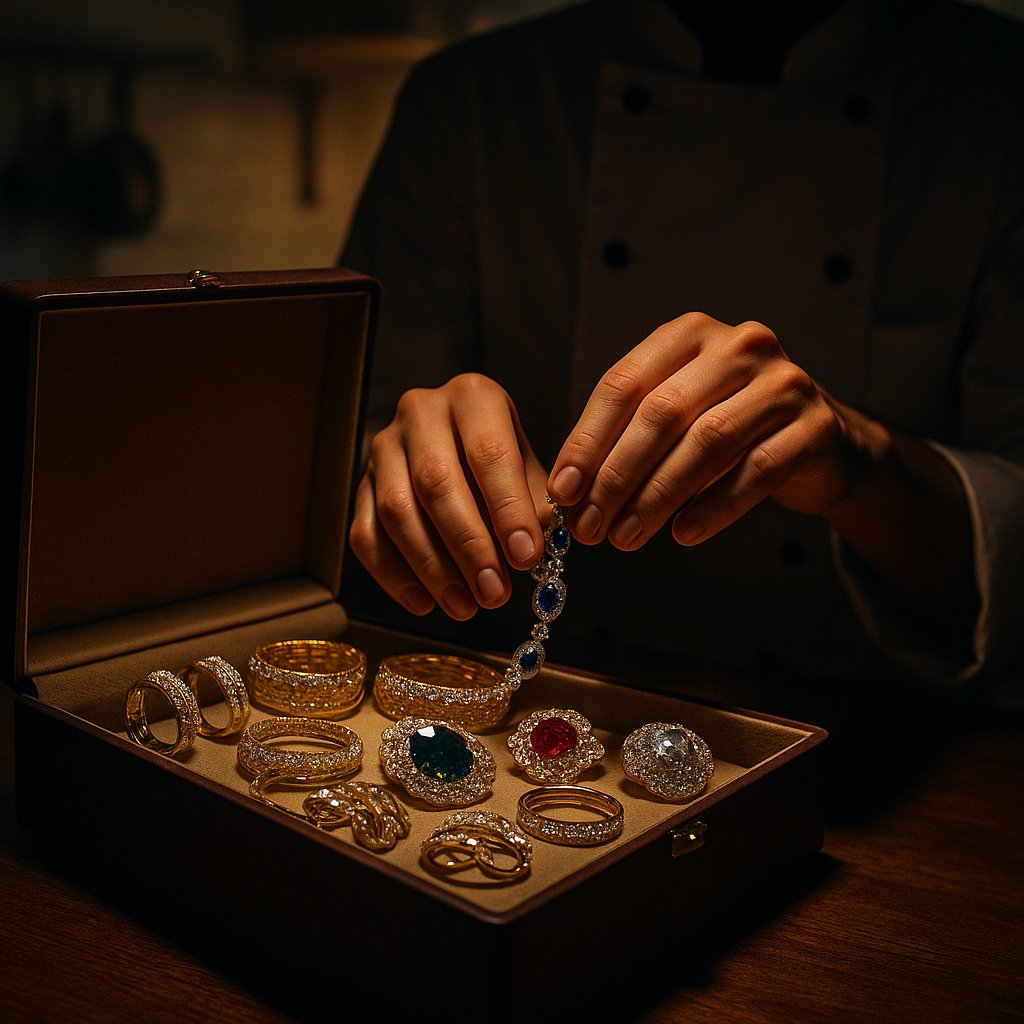 Luxury jewelry pieces inspired by famous chefs, featuring diamonds, emeralds, and unique designs