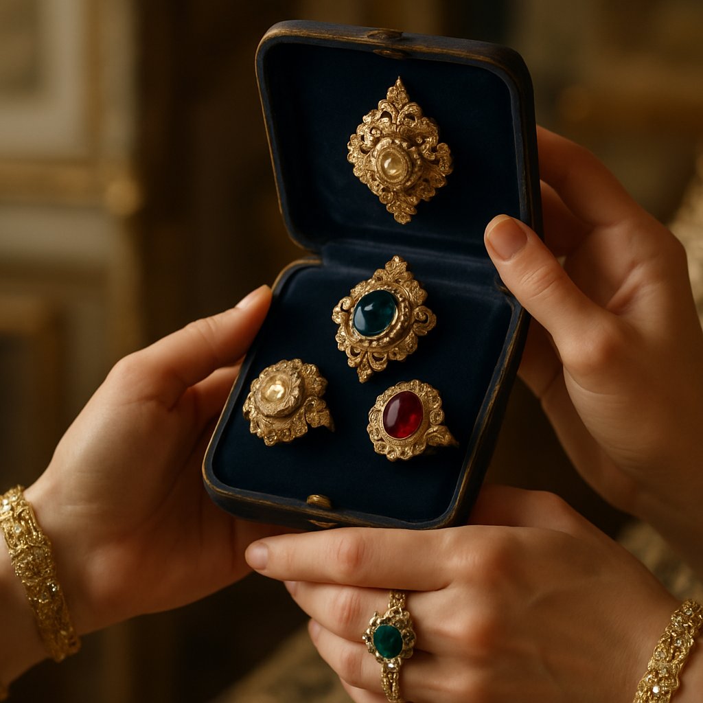 Antique jewelry box overflowing with vintage rings, necklaces and tiaras against velvet background