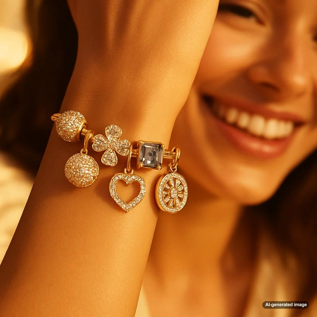 A beautifully styled charm bracelet featuring symbolic charms like a heart, key, and compass, resting on a journal.