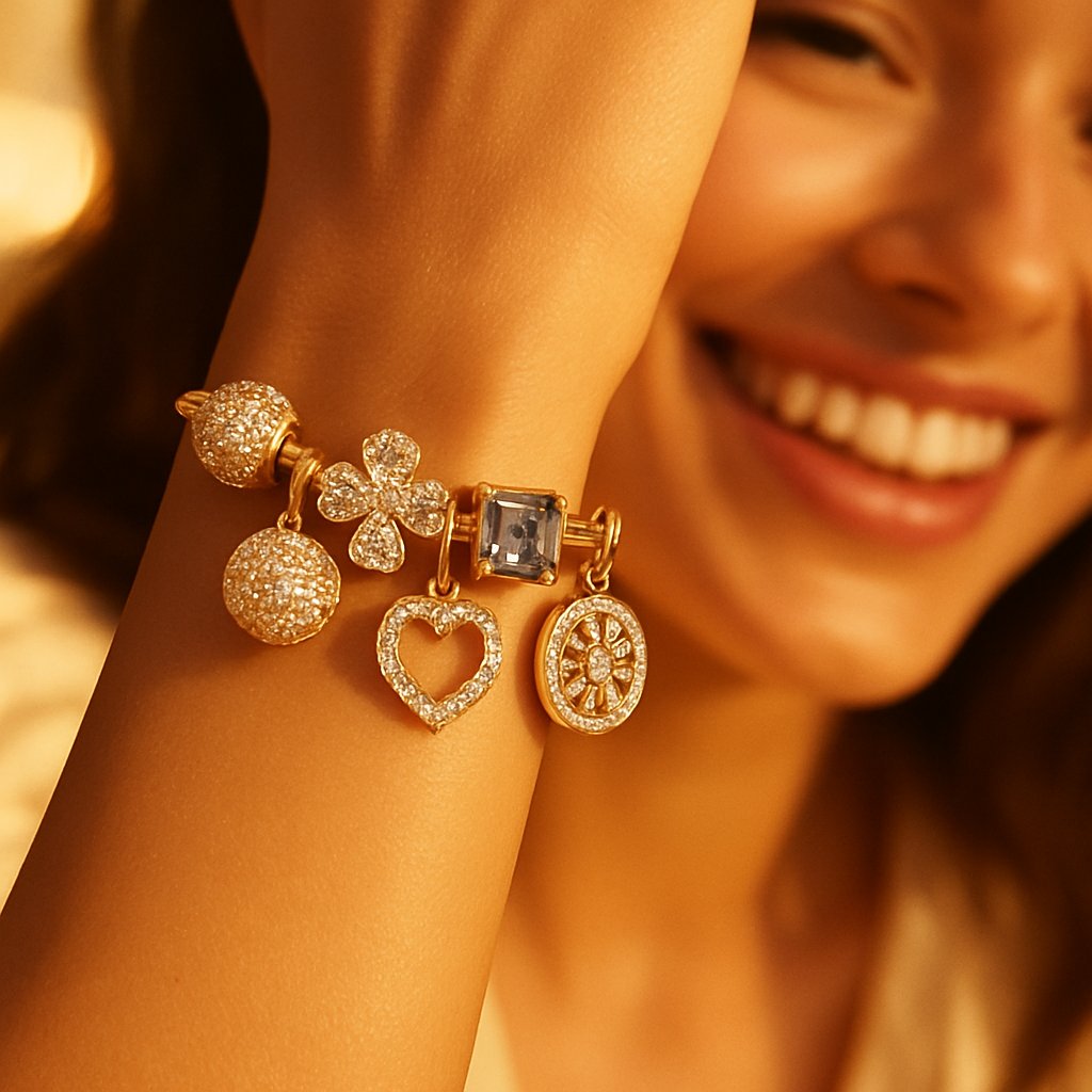 A beautifully styled charm bracelet featuring symbolic charms like a heart, key, and compass, resting on a journal.