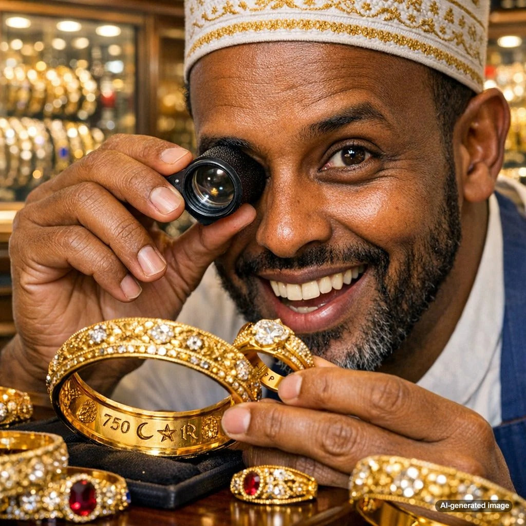 Close-up of a goldsmith's hands engraving a delicate hallmark onto a piece of 22k gold jewelry, showcasing traditional Somali craftsmanship.