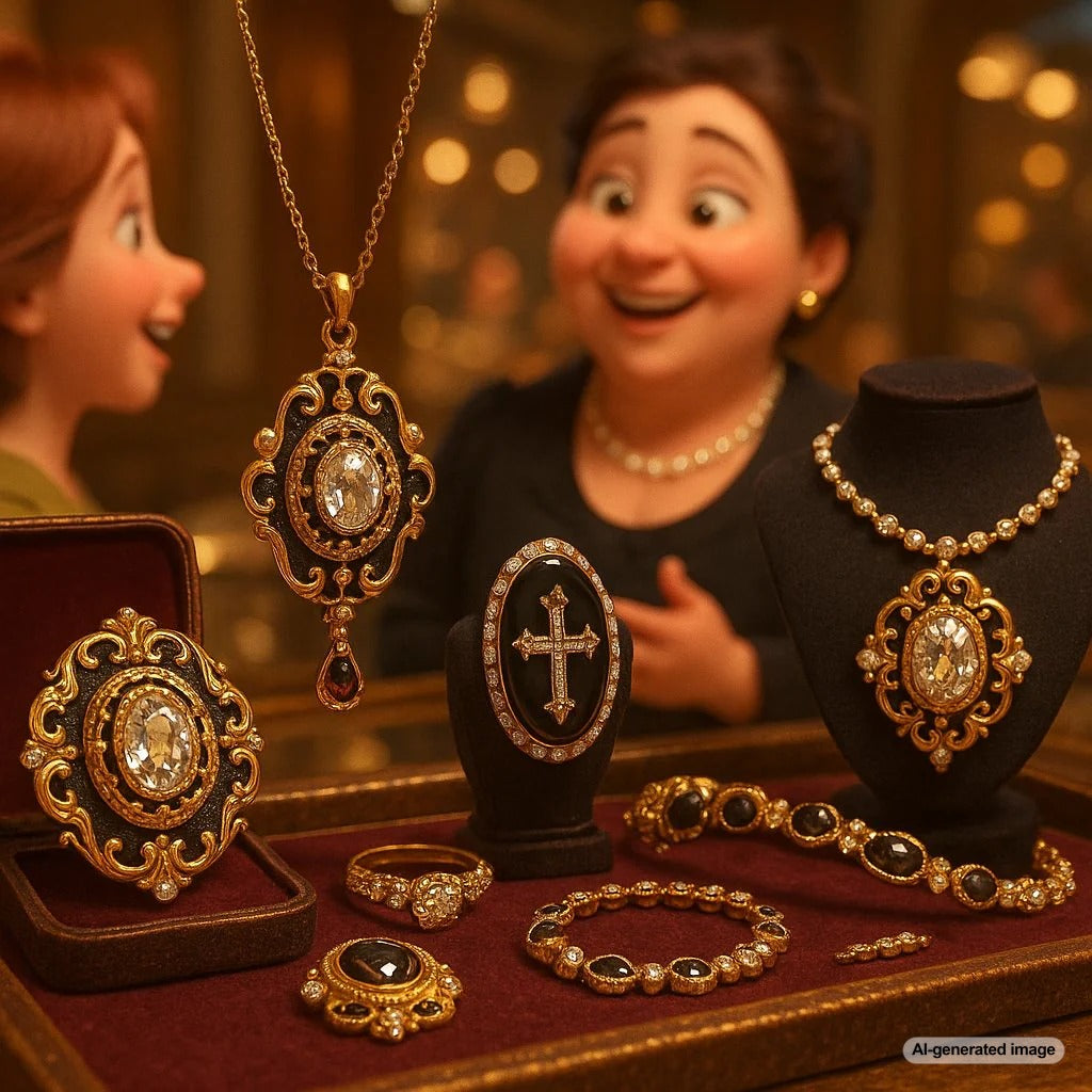 Antique Victorian mourning jewelry featuring black jet, intricate metalwork, and symbolic designs