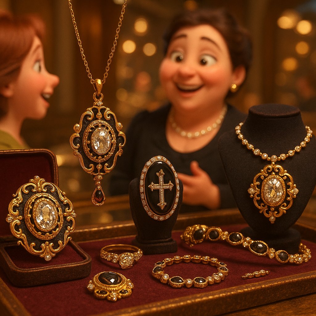 Antique Victorian mourning jewelry featuring black jet, intricate metalwork, and symbolic designs