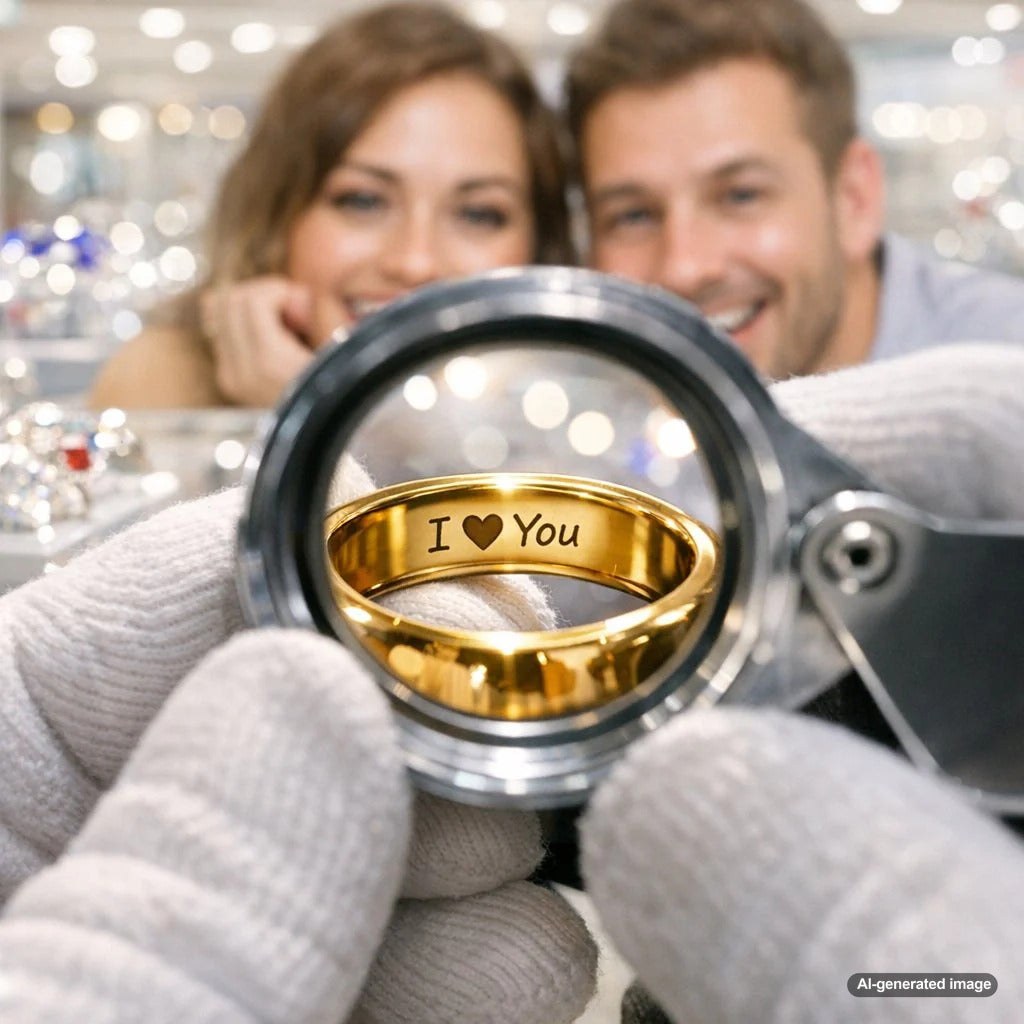 Close-up of a hand holding two elegant wedding bands, with a jeweler's loupe focused on the hidden micro-engravings inside the rings.
