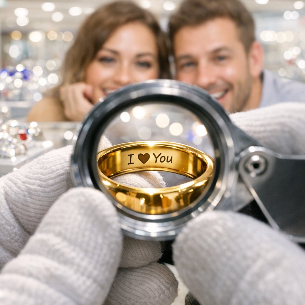 Close-up of a hand holding two elegant wedding bands, with a jeweler's loupe focused on the hidden micro-engravings inside the rings.