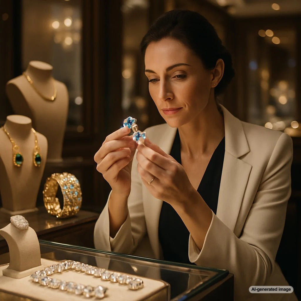 Close-up of diamond and gold jewelry pieces being appraised for collateral loans