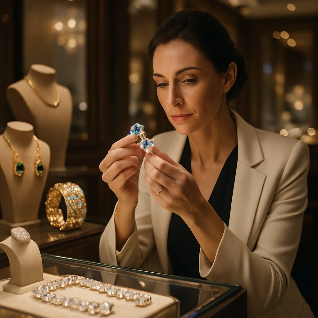 Close-up of diamond and gold jewelry pieces being appraised for collateral loans