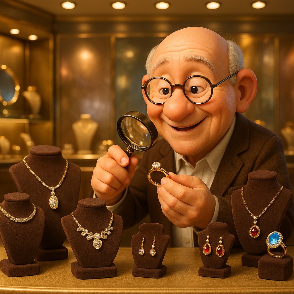 Close up view of different types of metal plating on jewelry showing gold, rhodium and other finishes