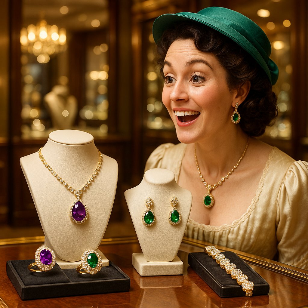 A collection of Edwardian-style jewelry featuring amethyst, pearl, and peridot gemstones in gold settings, representing the suffragette colors.