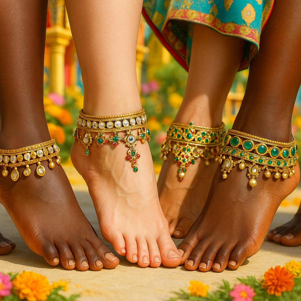 Elegant gold anklet with delicate charms on female ankle