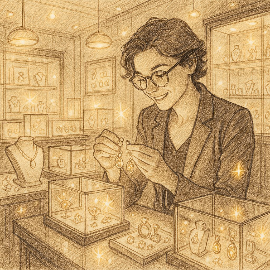 A collection of timeless, high-quality jewelry pieces including a gold necklace, diamond studs, and a signet ring, representing the slow jewelry movement.