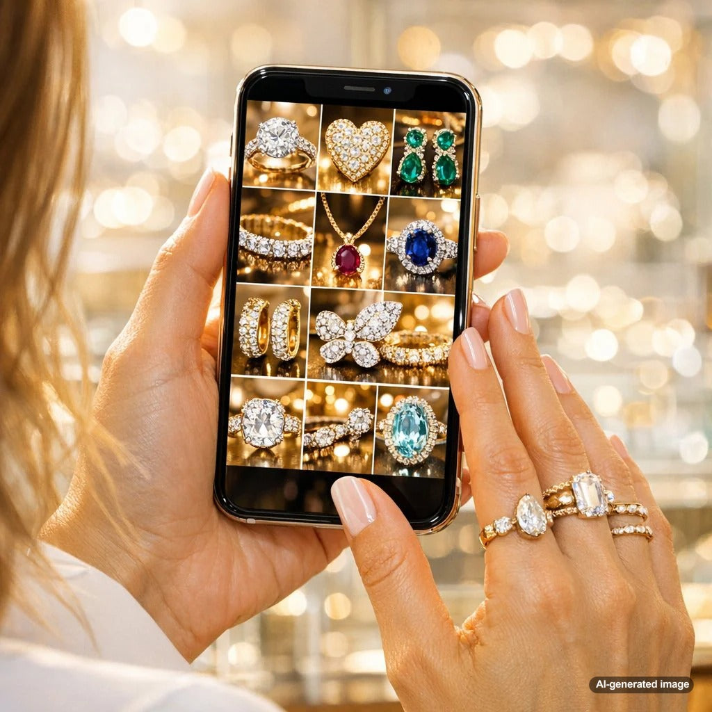 A close-up, artistic shot of a sparkling diamond and gold jewelry piece from Robinson's Jewelers, symbolizing the 'Slow Reveal' strategy on Instagram.