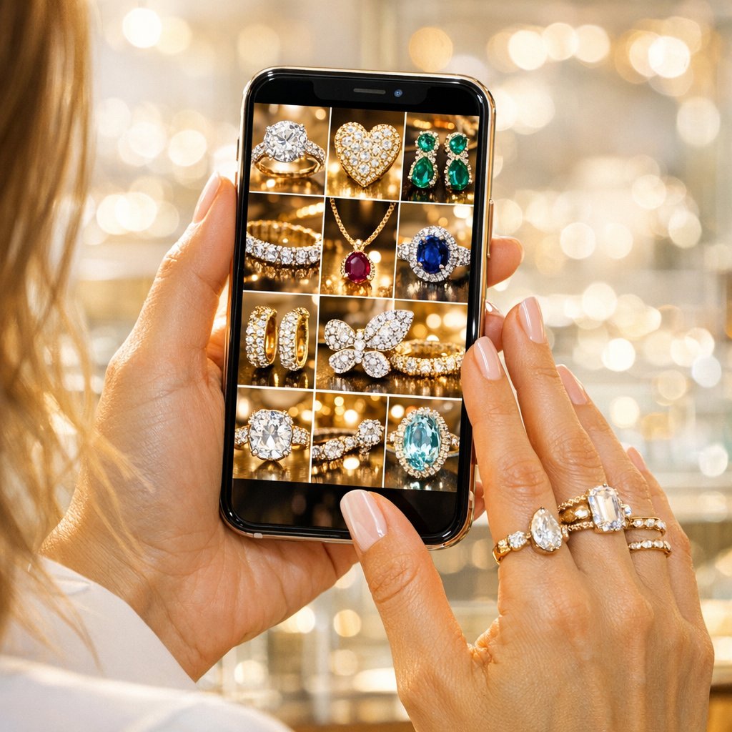 A close-up, artistic shot of a sparkling diamond and gold jewelry piece from Robinson's Jewelers, symbolizing the 'Slow Reveal' strategy on Instagram.