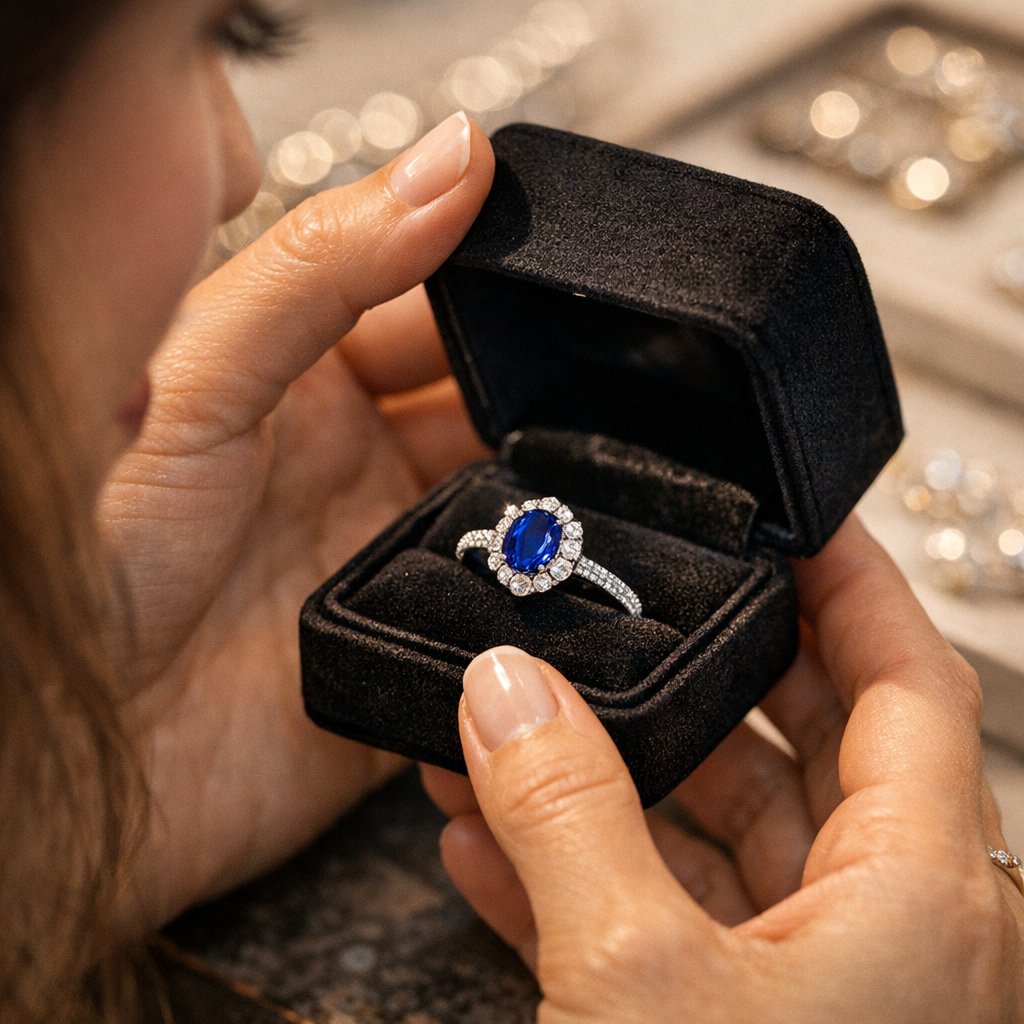 A jeweler smiling while looking at a digital tablet displaying sales graphs and analytics, symbolizing the small business check trend.