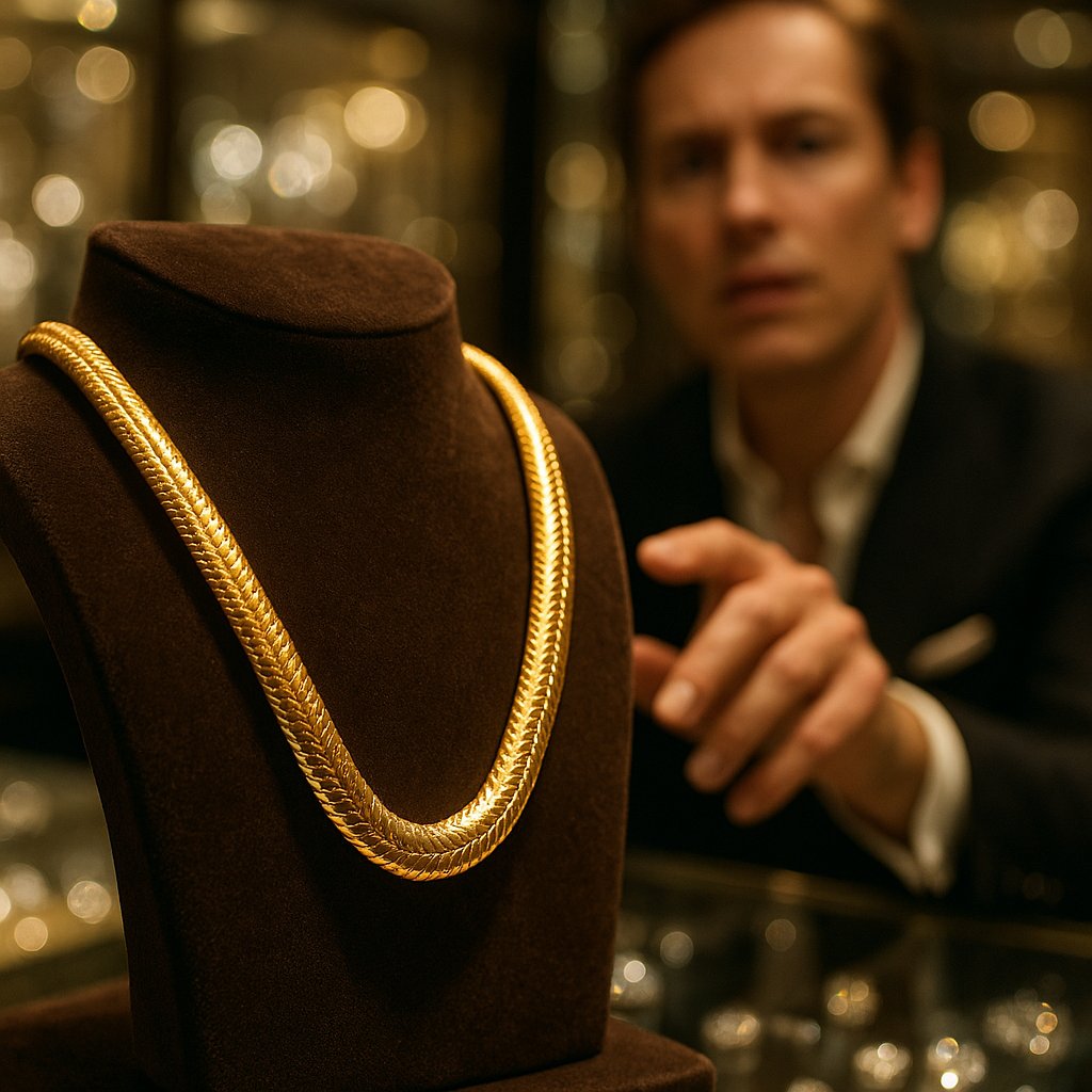 Close up image of a luxurious gold snake chain necklace, showcasing its smooth, flexible, and seamless linked design.