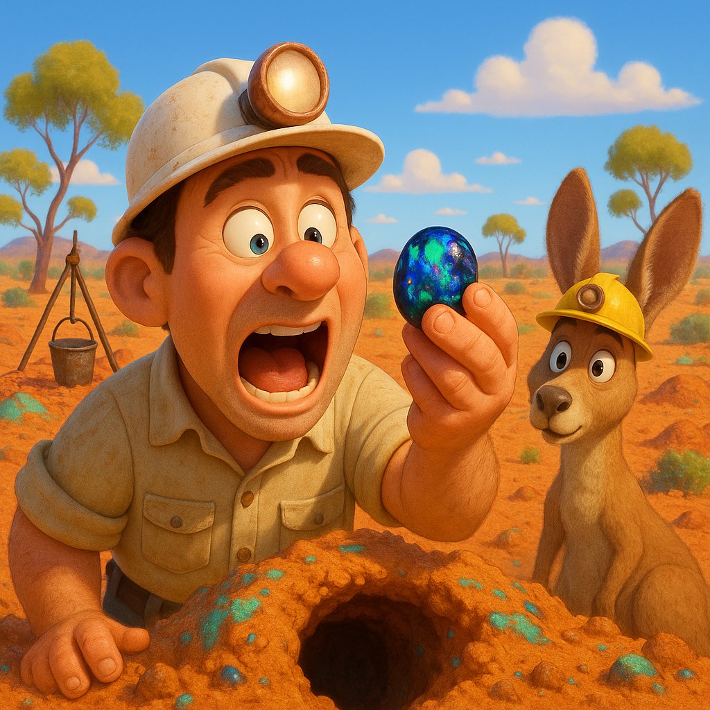 A stunning close-up of a raw Australian black opal from Lightning Ridge, showing its brilliant play-of-color against a dark body tone, resting on red outback soil.