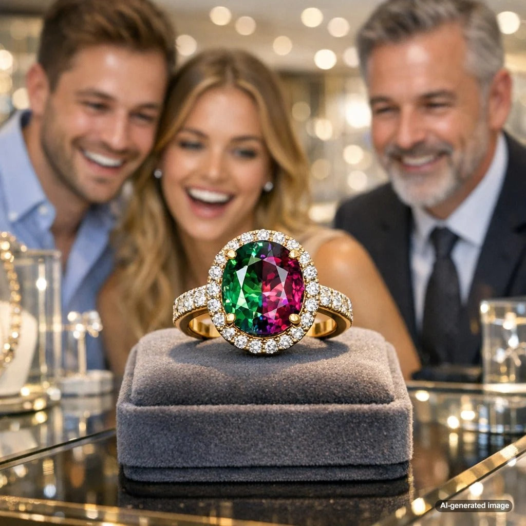 Close-up macro photography of a stunning alexandrite gemstone ring, showcasing its dramatic color change from emerald green to ruby red under different lights.