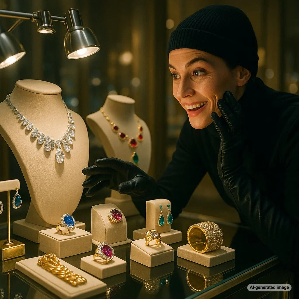 A dramatic, moody photo showcasing a collection of brilliant diamond jewelry and precious gems, representing the allure of famous heists.