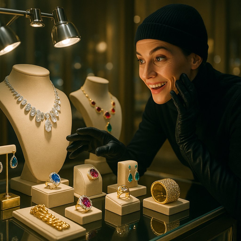 A dramatic, moody photo showcasing a collection of brilliant diamond jewelry and precious gems, representing the allure of famous heists.