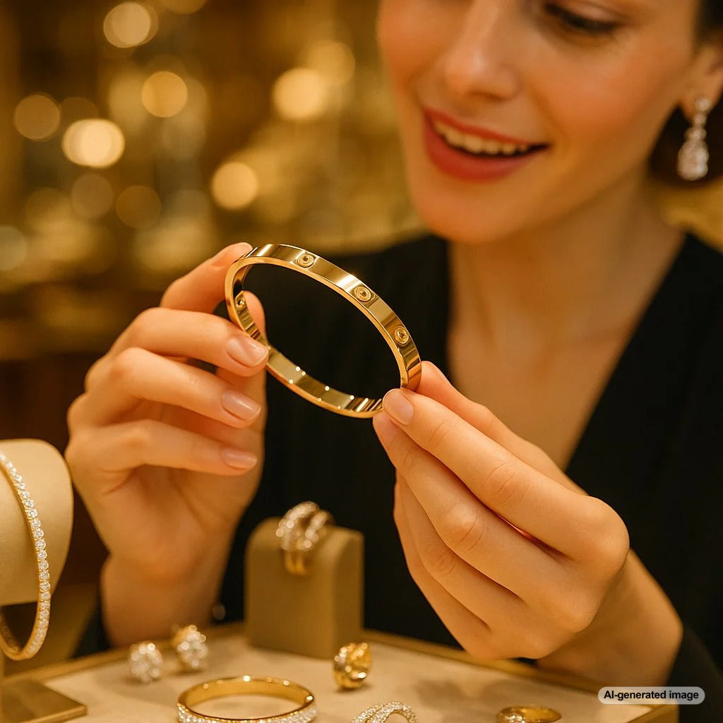 Close up of the iconic Cartier Love Bracelet in yellow gold on a woman's wrist