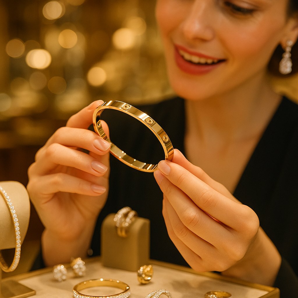 Close up of the iconic Cartier Love Bracelet in yellow gold on a woman's wrist