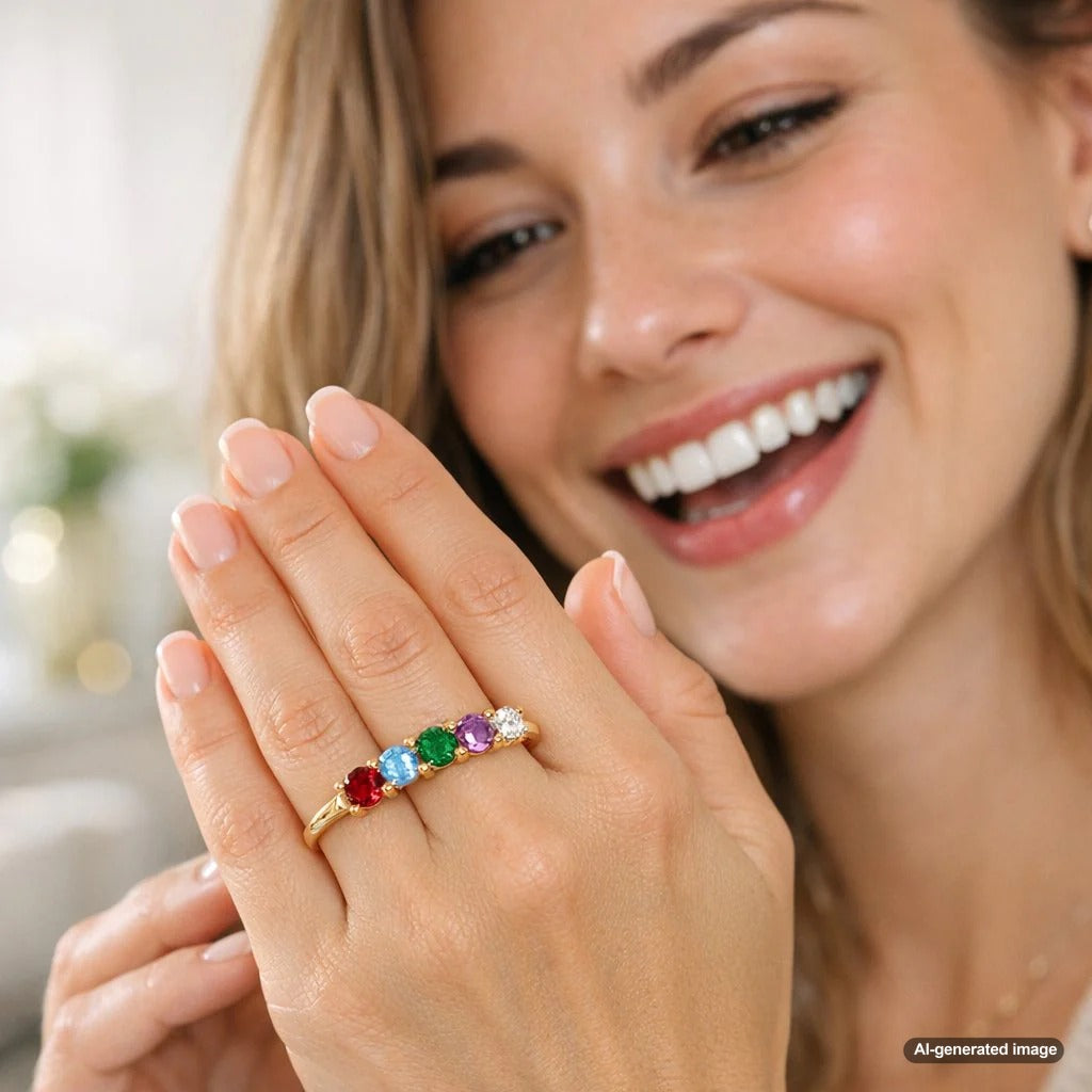 A beautiful, personalized mother's ring featuring multiple birthstones set in rose gold, resting on a stack of handwritten letters and photos.