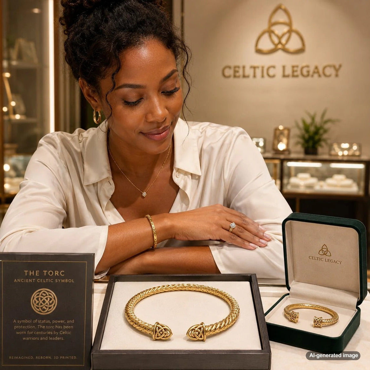 A dramatic 3D printed platinum Torc necklace inspired by ancient Celtic designs, featuring intricate swirling patterns and a modern high-tech finish on a dark background.