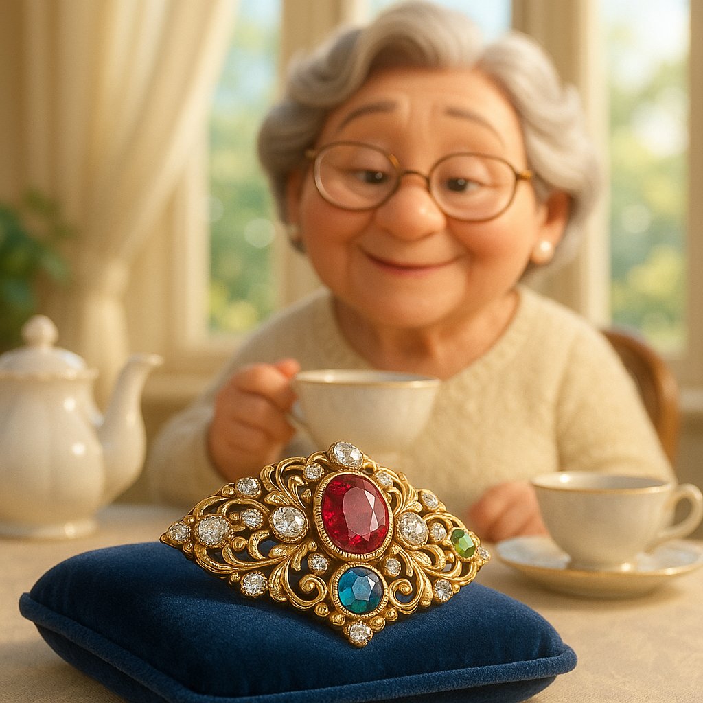 Close up of a vintage diamond and gold floral brooch resting on a velvet surface