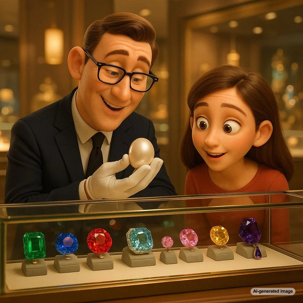 The Hope Pearl and a collection of other famous non-diamond gemstones including emeralds, rubies, and sapphires displayed at Robinson's Jewelers