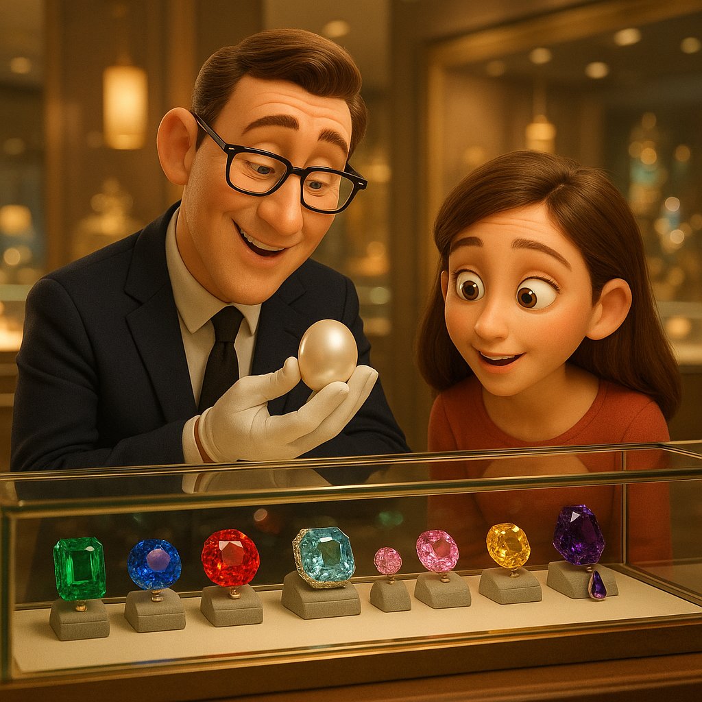 The Hope Pearl and a collection of other famous non-diamond gemstones including emeralds, rubies, and sapphires displayed at Robinson's Jewelers