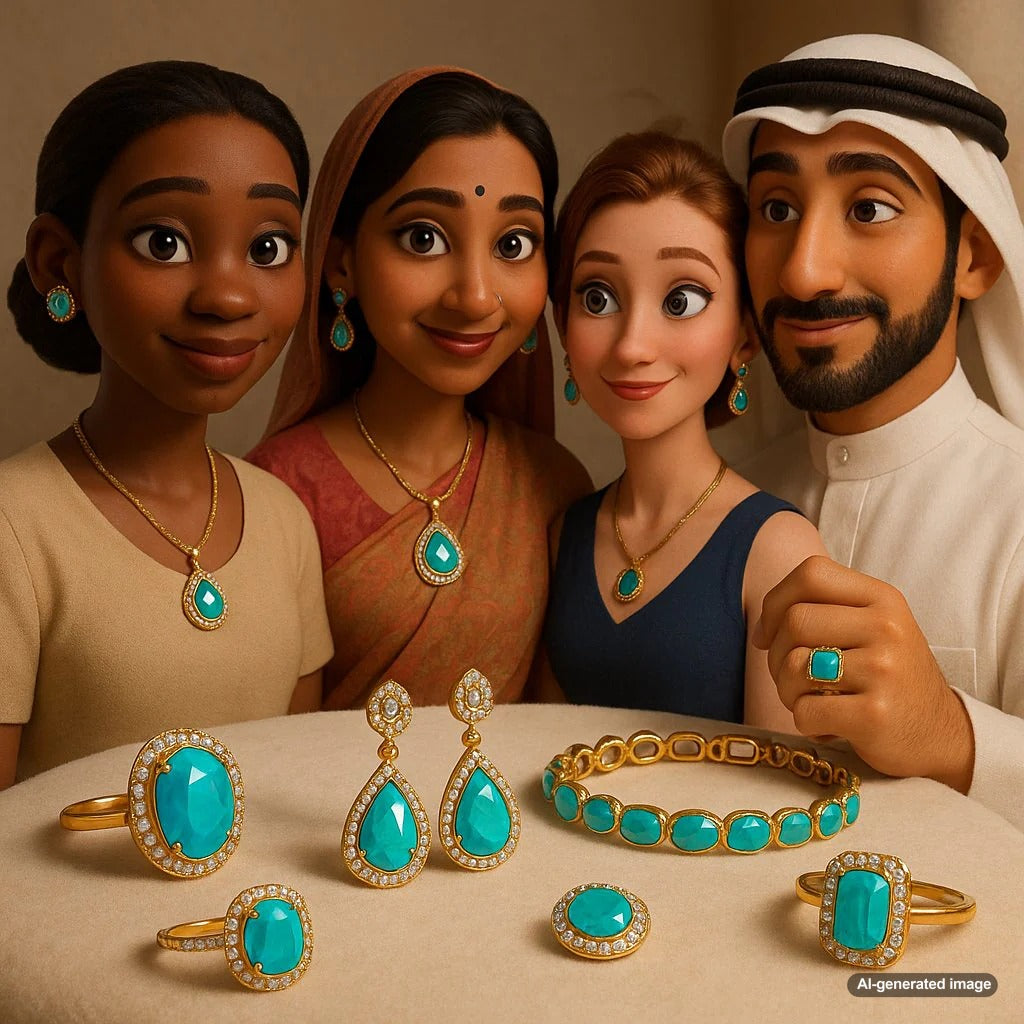 A stunning collection of turquoise jewelry from Robinson's Jewelers showcasing rings, necklaces, and bracelets against a rustic background.