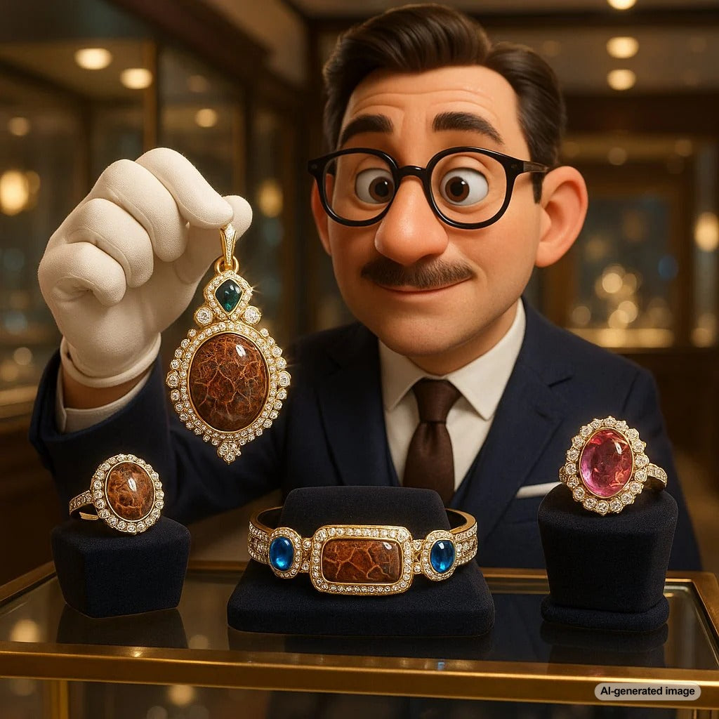 Unique high-end jewelry featuring dinosaur bone, meteorite, and other unconventional materials at Robinson's Jewelers