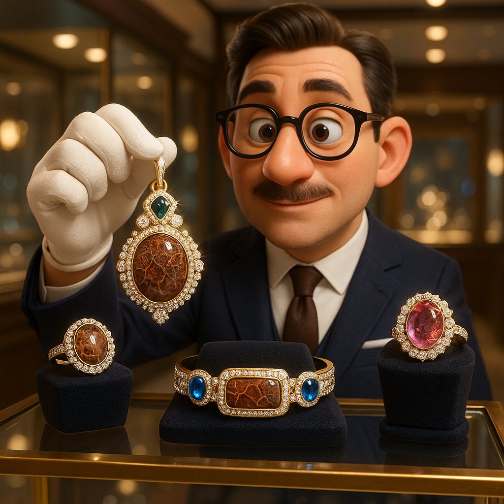 Unique high-end jewelry featuring dinosaur bone, meteorite, and other unconventional materials at Robinson's Jewelers