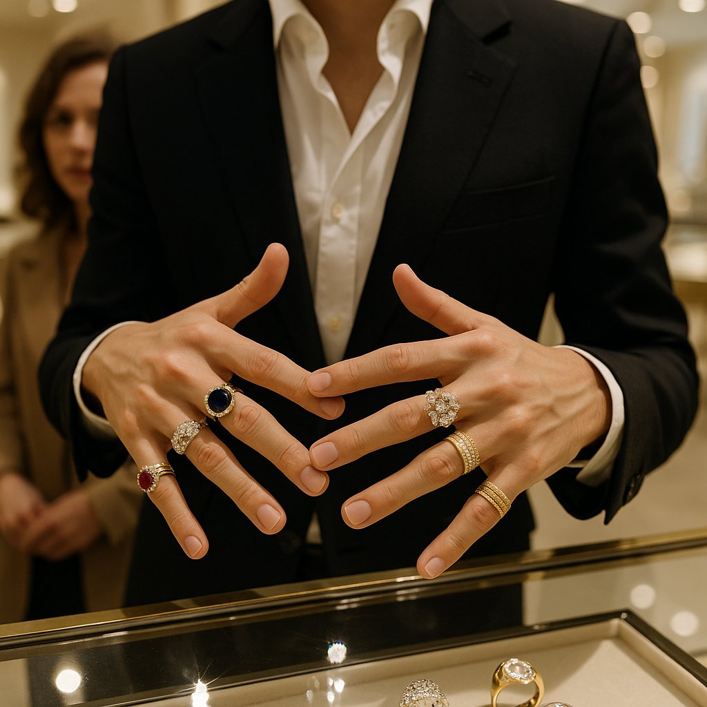 Stylish woman wearing multiple rings on different fingers with symbolic meaning